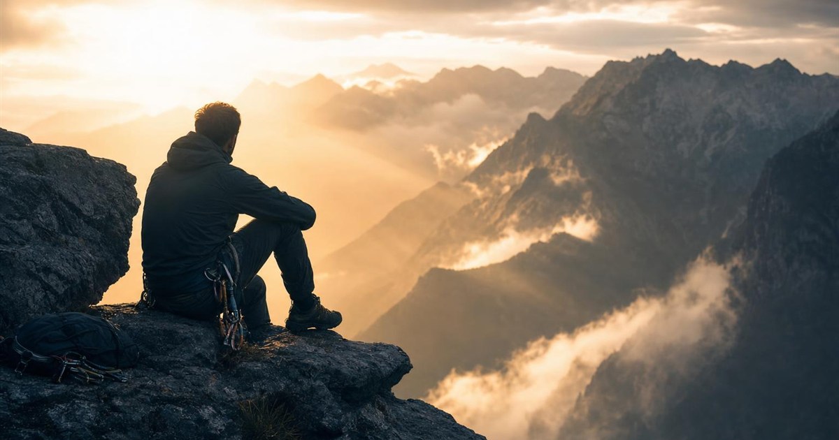 Climber pausing on a ledge in morning light, representing the shift from shame into godly sorrow