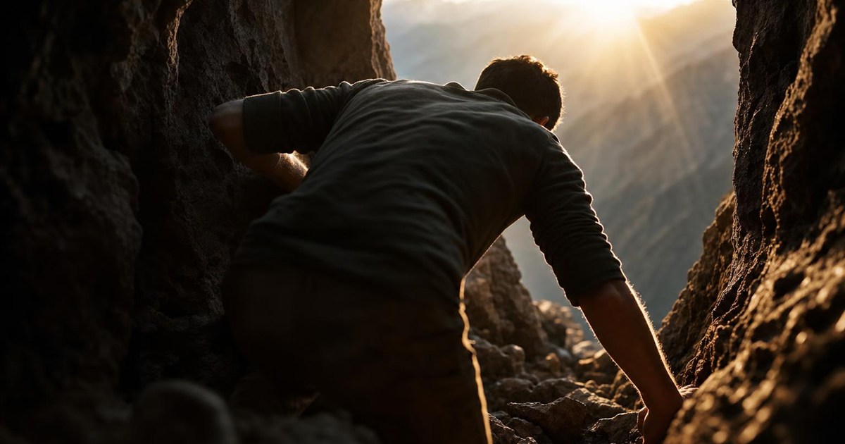 Climber breaking free from a confined space, representing freedom from self-focused habits