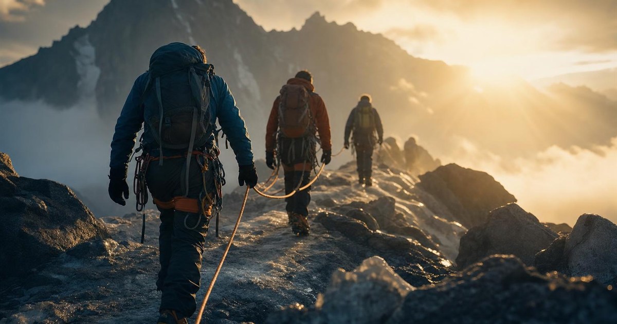 Climbing team roped together crossing difficult terrain, representing brotherhood in the fight