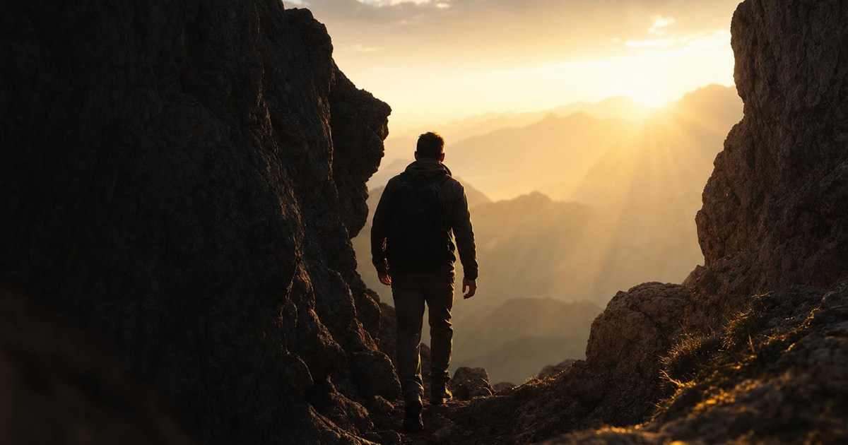Climber emerging from shadow into sunlight, representing exposure and truth