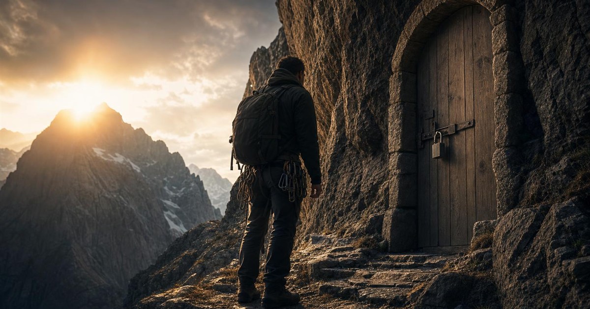 Climber examining a locked door built into the mountainside, representing a spiritual foothold