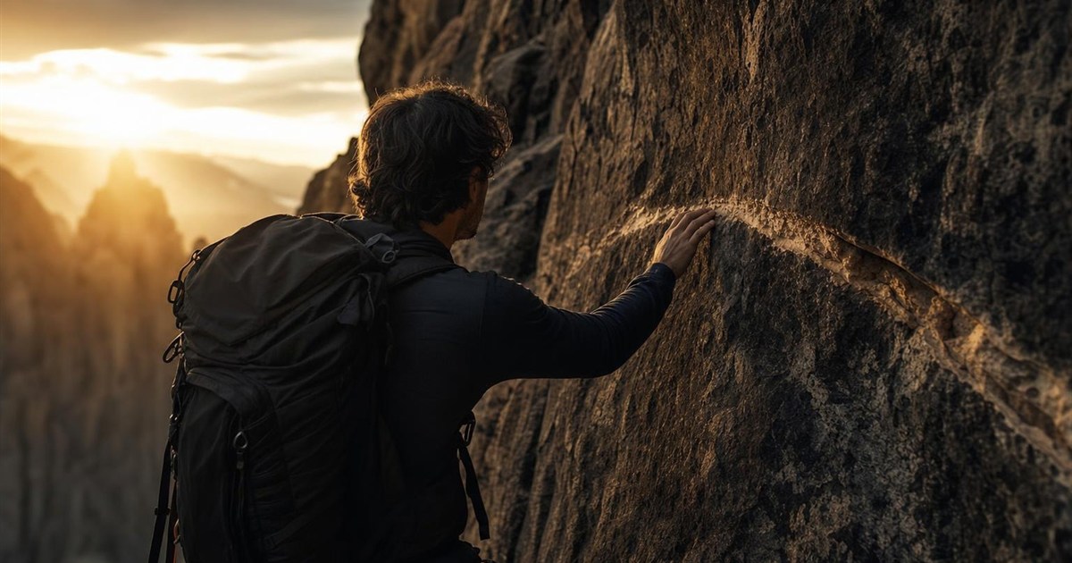 Climber examining an old scar on the rock face, representing a past wound