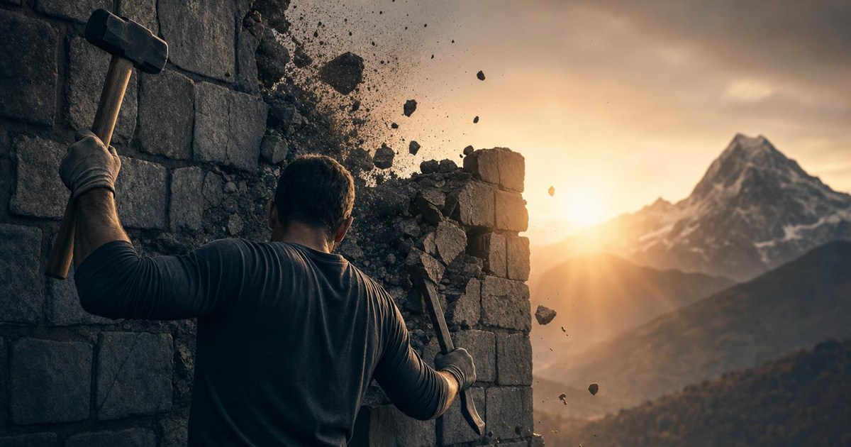 Climber using tools to dismantle a fortified wall section, representing the four weapons of freedom