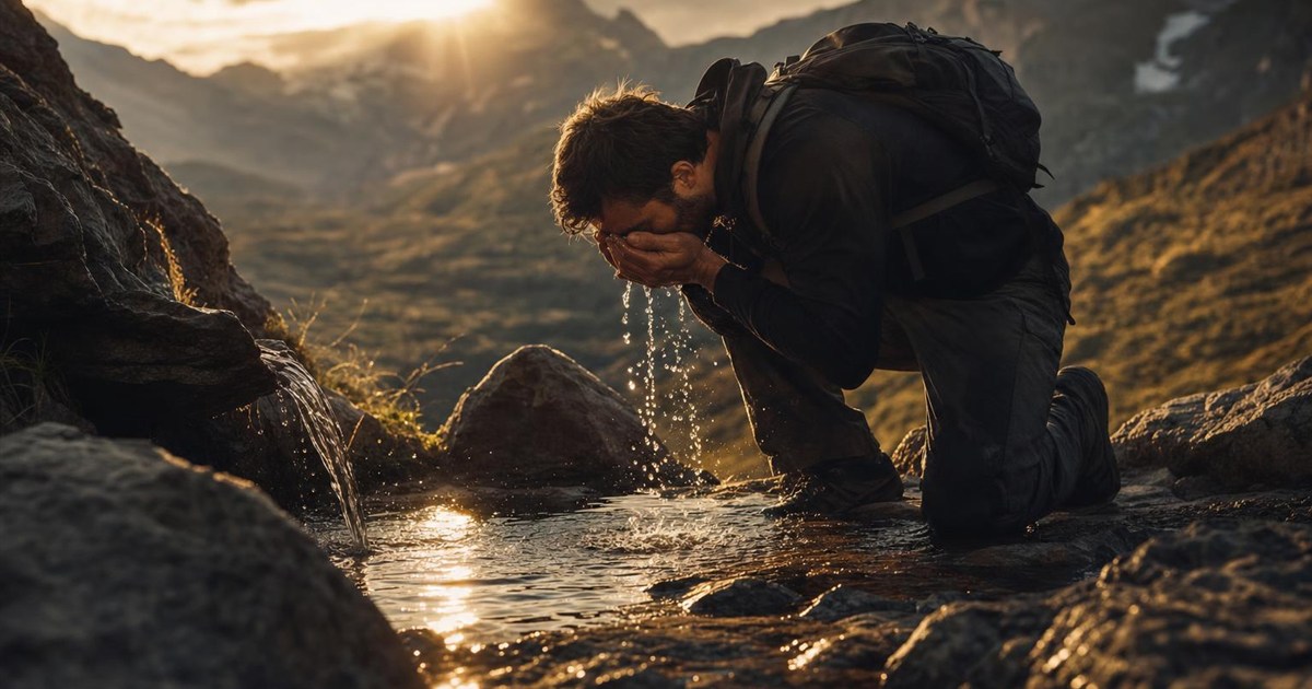 Climber at a clear mountain spring, representing a deeper cleansing beyond guilt