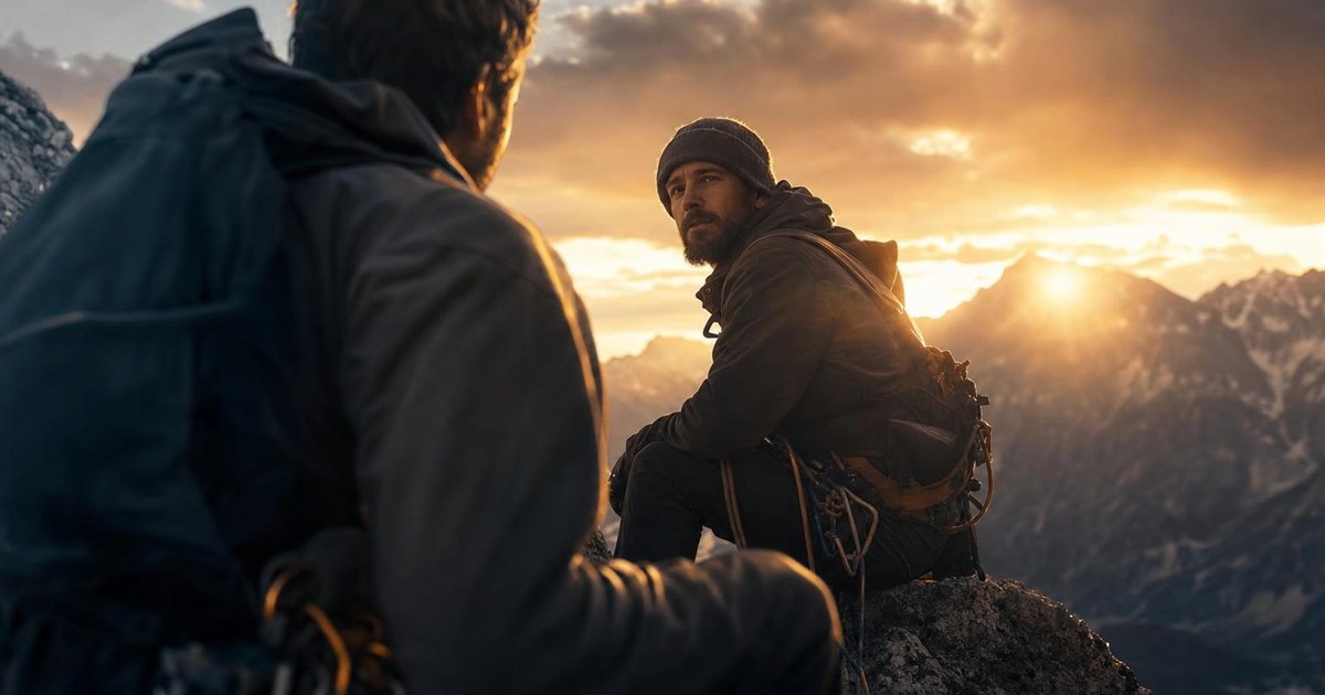 Climber pausing to genuinely observe a fellow climber's face rather than passing by, representing seeing a person fully
