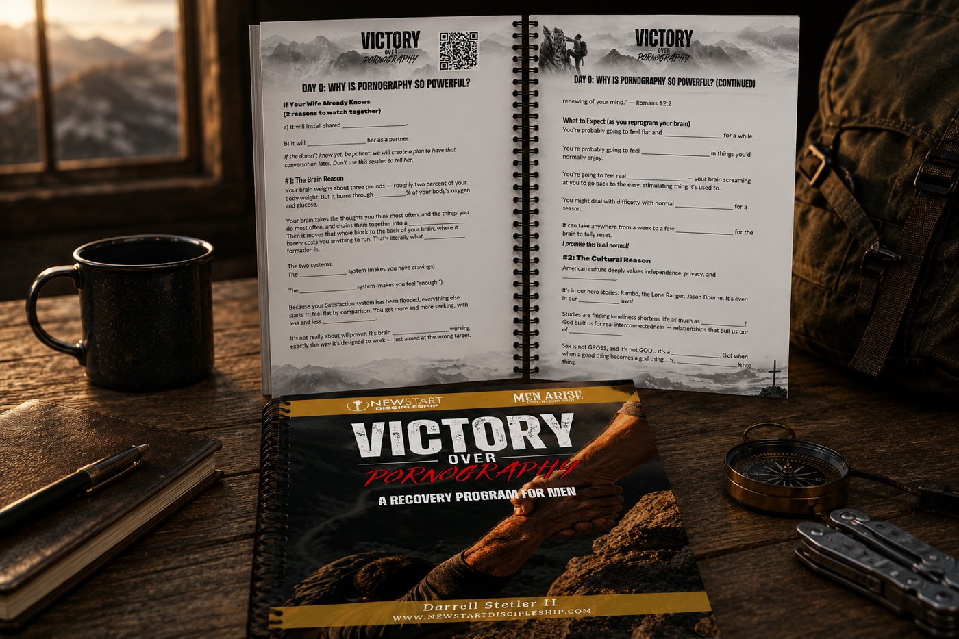 Open interior pages of the Victory Over Pornography workbook showing fill-in sections that match the video teaching